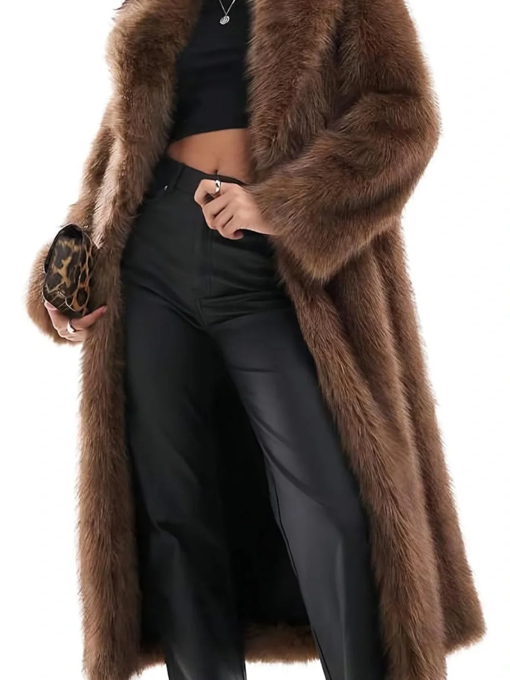 Brown Faux Fur Long Coat - Women's Plush Oversized Jacket
